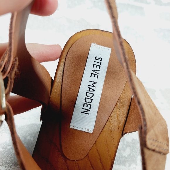New Steve Madden Alabama Platform Suede Tan Strap Wooden Studded Sandals F904 - Picture 9 of 11